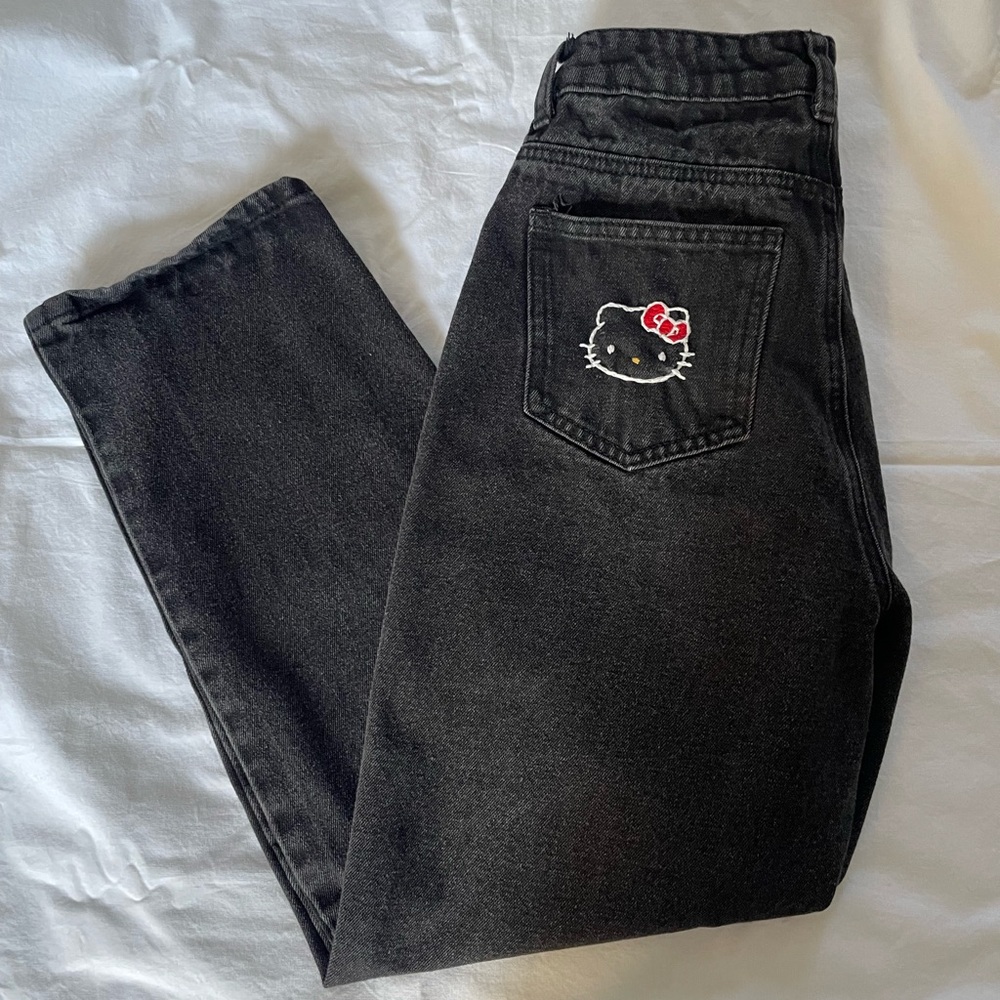Hand Embroidered Hello Kitty Black Jeans